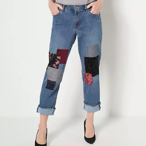 LOGO by Lori Goldstein Denim - LOGO Lavish by Lori Goldstein Velvet Patch Boyfriend Jeans Women’s